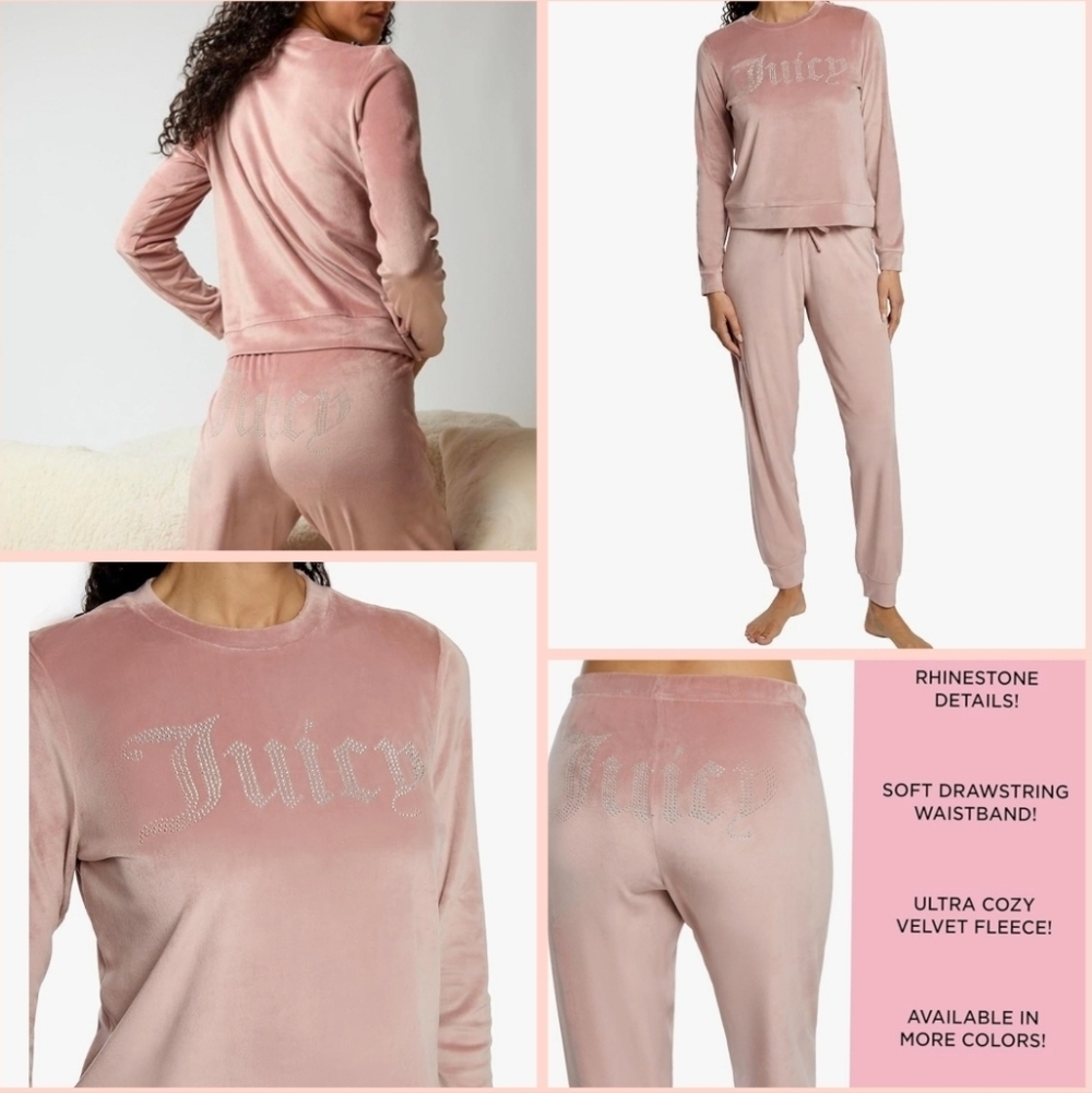 Juicy Couture 2 Piece Velvet Fleece Velour Set Top+Pants Large Cafe Latte NWT$
